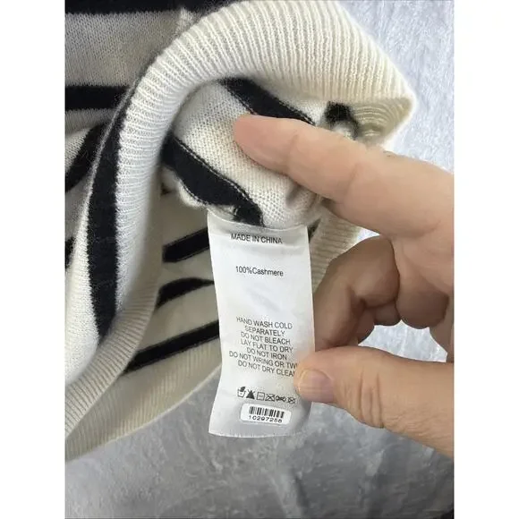 Quince Cashmere Ivory Black Stripe Short Sleeve Sweater Tee Shirt Large Staple - Picture 6 of 7